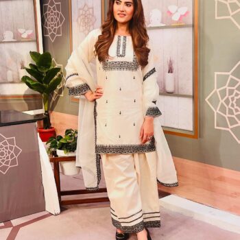 Elegant Cream & Black Embroidered Cotton Suit – Traditional Wear for Women