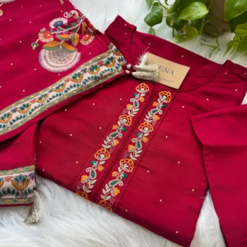 Digital Print 3 Piece Red Embroidered Suit