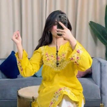 Yellow Floral Embroidered Cotton Kurti with White Embroidered Trouser Set